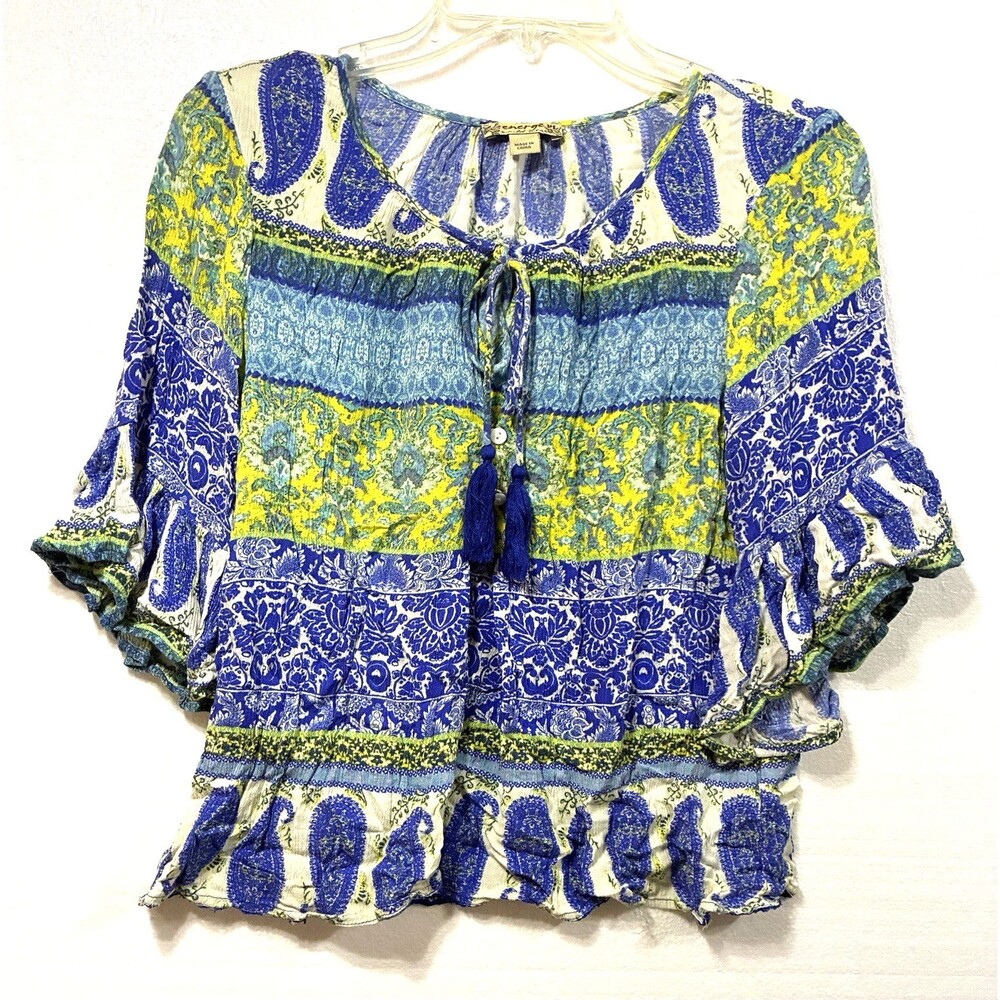 Energe World Wear Petite Top Womens PL Boho Floral Crinkle Rayon Bell Sleeves